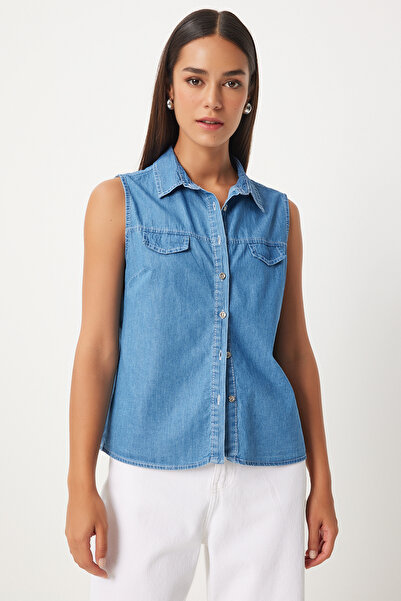 Happiness İstanbul Kadın Mavi Cep Kapaklı Denim Yelek DD01332