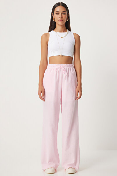 Happiness İstanbul Světle růžové plátěné dámské kalhoty - Volný střih DP00205