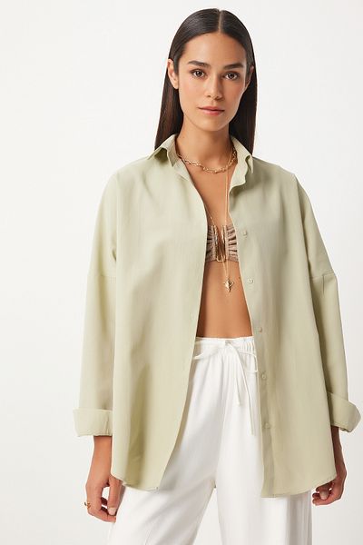 Happiness İstanbul Lehká khaki dámská oversize košile - dlouhá základní model DD00842