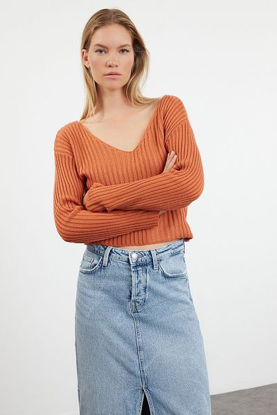 Trendyol Collection Pulover de tricotaj de bază cu decolteu în V portocaliu TWOAW24KZ01214