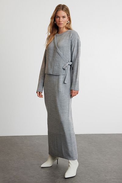Trendyol Modest Gray Knitwear Cardigan and Dress Set - TCTAW25US00000
