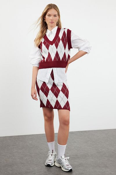 Trendyol Collection Claret Red Jacquard Crop Knitwear Set - Twoaw23Au00085