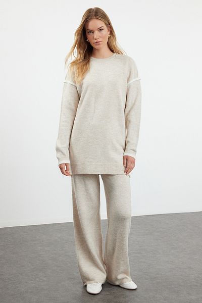 Trendyol Modest Beige Knitwear Top and Bottom Set - Stone Piping TCTAW25US00052