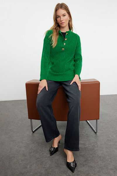 Trendyol Modest Πράσινο Πλεκτό Πουλόβερ με απαλή υφή - Πλεκτό Θεσσαλονίκης, με κουμπιά TCTAW25AK00027