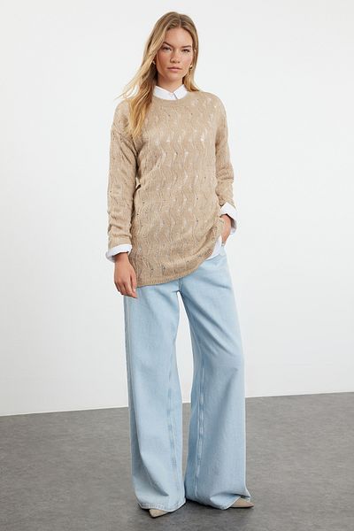 Trendyol Modest Nerzfarbener, durchbrochener Strickpullover mit Lochdetails TCTAW25AK00019