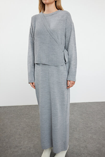 Trendyol Modest Gray Knitwear Cardigan and Dress Set - TCTAW25US00000