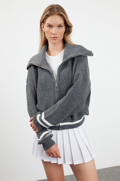 Trendyol Collection Anthracite Zippered Striped Turn-Down Collar Knitwear Cardigan Twoaw25Hi00038
