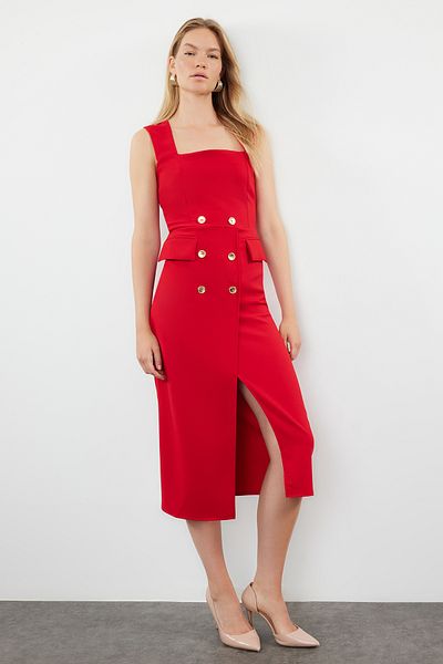 Trendyol Collection Rotes zweireihiges Kleid in Midilänge – Knopfdetail und Bleistiftrock mit Verschluss TWOSS24EL00837