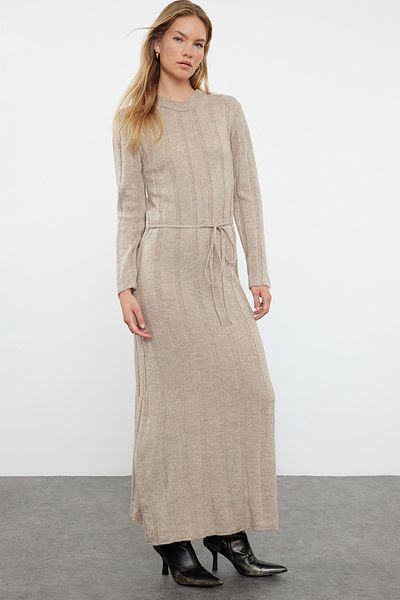 Trendyol Collection Πλεκτό φόρεμα Mink Maxi - με απαλή υφή και λεπτομέρεια γραβάτας TWOAW25EL00031