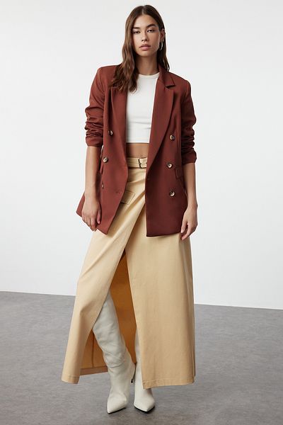 Trendyol Collection Oversize barna szőtt blézerkabát - bélelt, TWOAW20CE0130