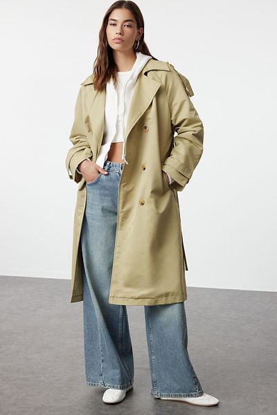 Trendyol Collection Khakifarbener wasserabweisender Trenchcoat – mit Gürtel, normale Passform TWOSS20TR0012