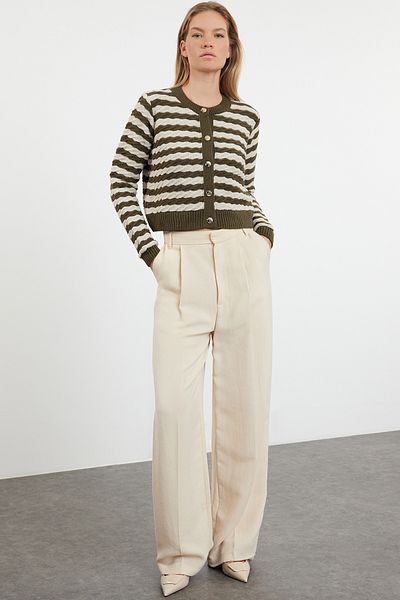Trendyol Collection Green Striped Crop Knitwear Cardigan - Jacket Look Twoaw24Hi00293