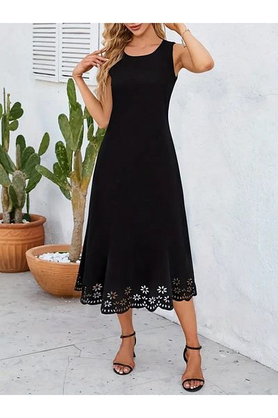 Simala Fusta fără mâneci pentru femei, tăiată cu laser, cu model de flori, lungime midi, crepon importat, rochie casual de vară șic