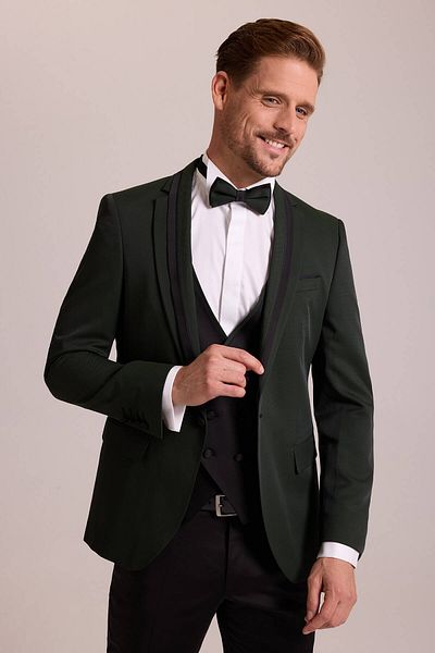 Ysf Men's Green Slim Fit Shawl Collar Groom Suit with Vest