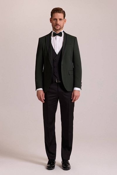 Ysf Men's Green Slim Fit Shawl Collar Groom Suit with Vest
