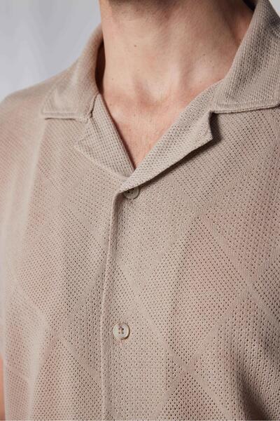 Tudors Stone Colored Men's Slim Fit Summer Knitted Texture - Square Pattern, Short Sleeve, Breathable