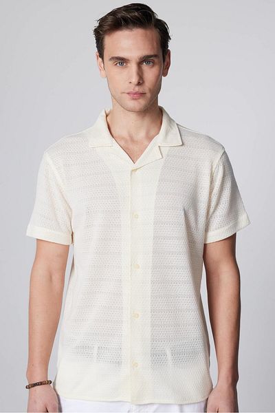 Tudors Λευκό Slim Fit Summer Shirt - Slim Fit, Κοντομάνικο, Apple Collar