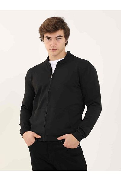 Dufy Μαύρο ανδρικό πουλόβερ με ίσιο γιακά Bomber Slim Fit - 96352