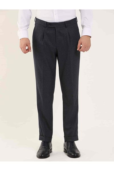 Dufy Navy Blue Men's Slim Fit Herringbone Patterned Classic Trousers - 97704