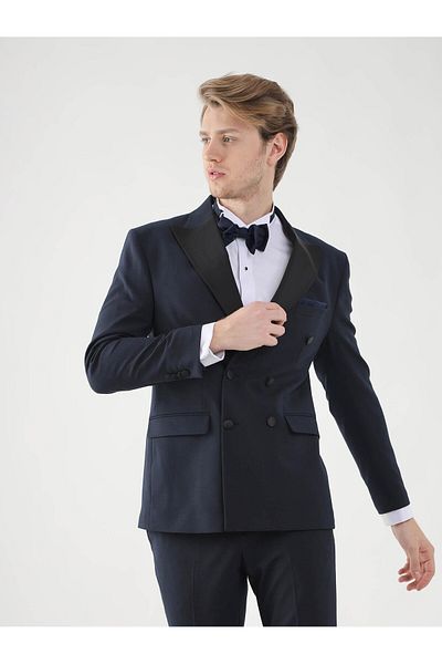 Dufy Navy Blue Men's Slim Fit Straight Pointed Collar Tuxedo Suit - 92385