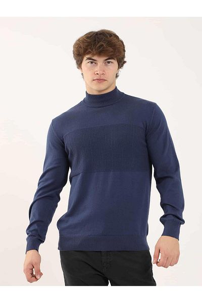 Dufy Pulover pentru bărbați, cu model indigo, cu guler în picioare, cu croiala normală - 90634