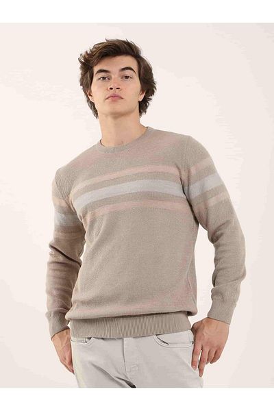 Dufy Beige Men's Slim Fit Striped Crew Neck Sweater - 90604