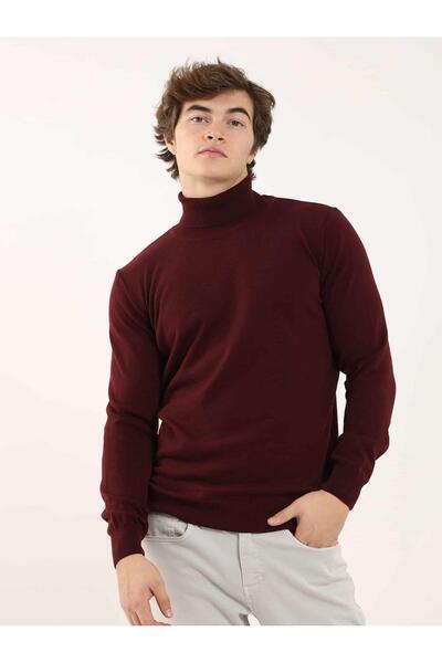Dufy Pulover pentru bărbați, roșu Claret, slim fit, simplu, clasic, cu gât țesut - 91062