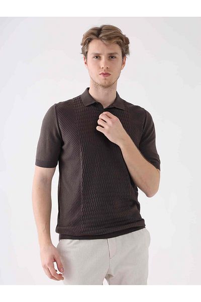 Dufy Pulover maro pentru bărbați, cu model, din bumbac, cu gât polo - 94543