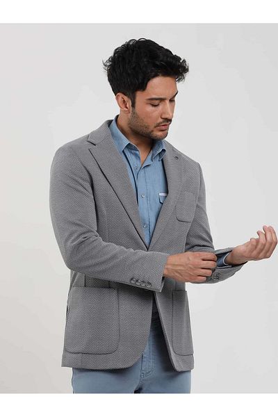 Dufy Jachetă pentru bărbați, slim fit, gri cu model Houndstooth, cu guler mono - 104447