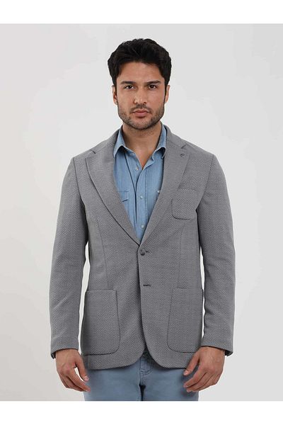 Dufy Jachetă pentru bărbați, slim fit, gri cu model Houndstooth, cu guler mono - 104447