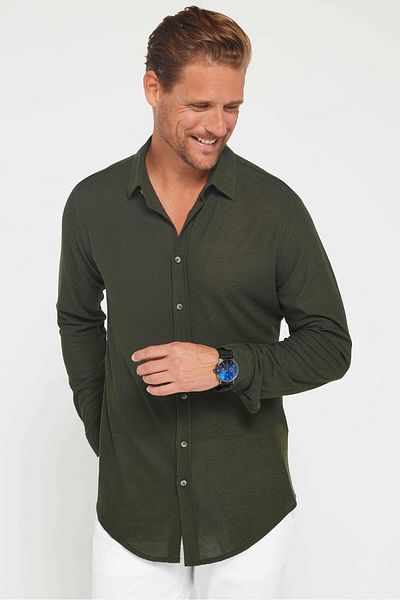 Tudors Χακί Χρώμα Slim Fit Αθλητικό Πουκάμισο Πέτο - Μακρυμάνικο, Πλεκτό Ύφασμα