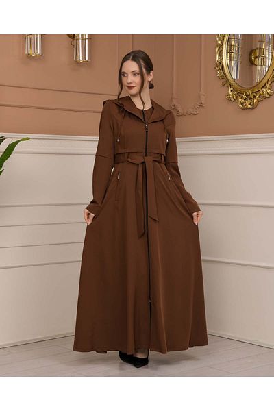Modamix Hooded Zippered Hijab Coat with Pleated Collar - 1225
