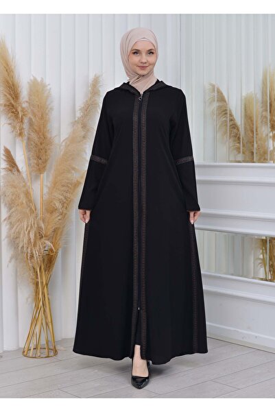 Modamix عباية نسائية بغطاء للرأس ومطرزة بالدانتيل وسحاب 604