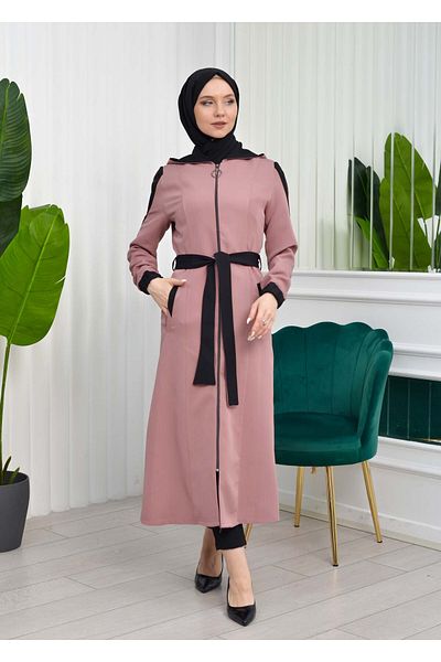 Modamix HOODED BELT HIJAB SHORT TRENCH COAT -1210