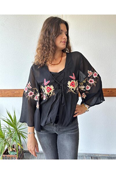 ByEnBi Black Floral Embroidered Blouse