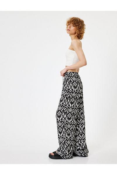 Koton Ethnic Printed Wide Leg Viscose Trousers - Waist Lace-up