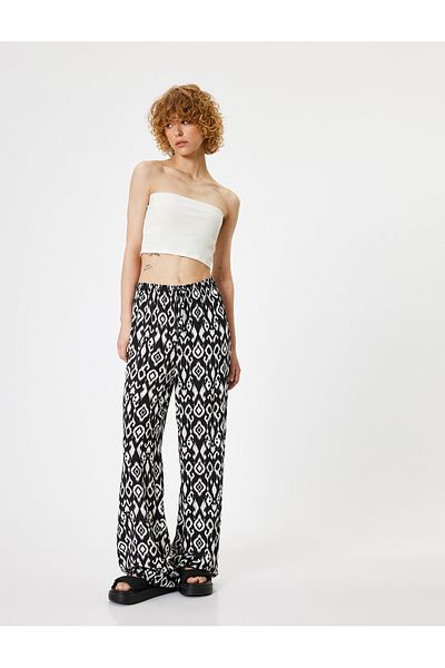 Koton Ethnic Printed Wide Leg Viscose Trousers - Waist Lace-up