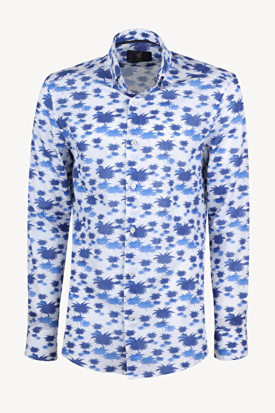 Ysf Erkek Mavi Beyaz Slim Fit Palmiye Desenli %100 Keten Gömlek
