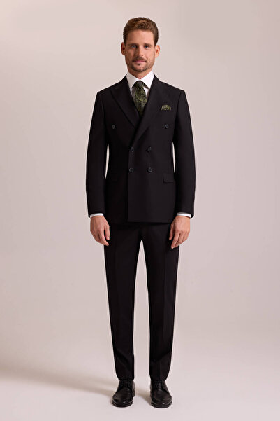 Ysf Erkek Siyah Yünlü Kruvaze Yaka Regular Fit Takım Elbise