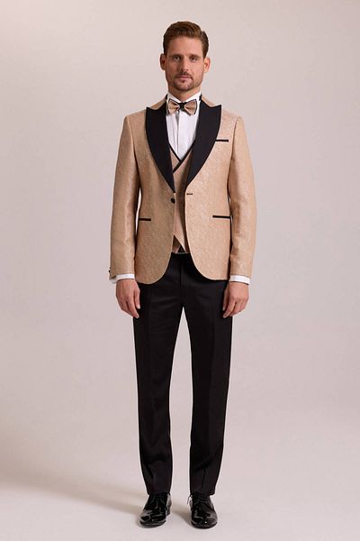 Ysf Men's Beige Groom Suit Slim Fit Swallow Collar Patterned