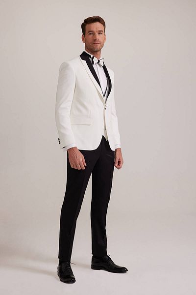 Ysf Men's White Dislocation Shawl Collar Slim Fit Groom Suit