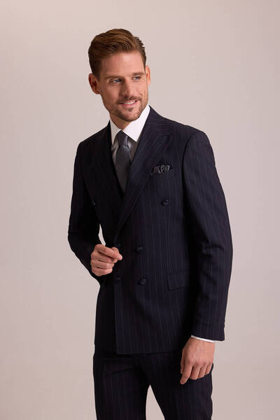 Ysf Erkek Lacivert Çizgili Regular Fit Yün Kruvaze Çizgili Takım Elbise