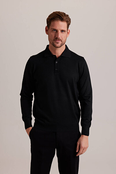 Ysf Men's Black Wool Classic Polo Collar Knitwear