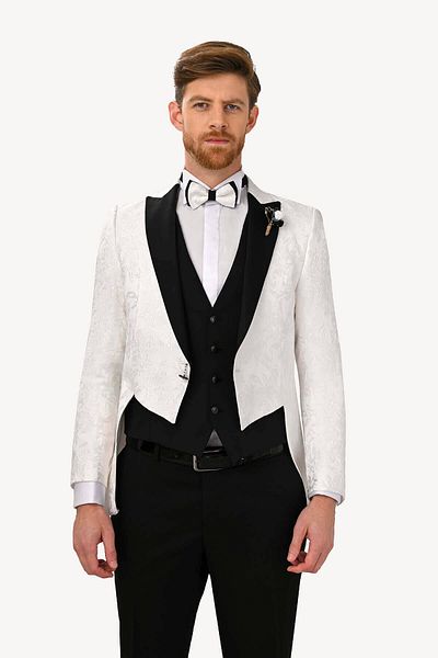Ysf Men's Ecru Silim Fit Patterned Groom Suit