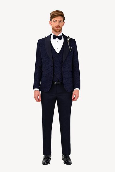 Ysf Men's Navy Blue Groom Suit Slim Fit Swallow Collar Patterned
