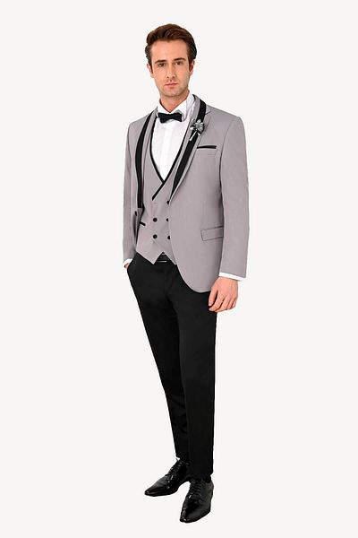 Ysf Men's Gray Slim Fit Vest Shawl Collar Groom Suit