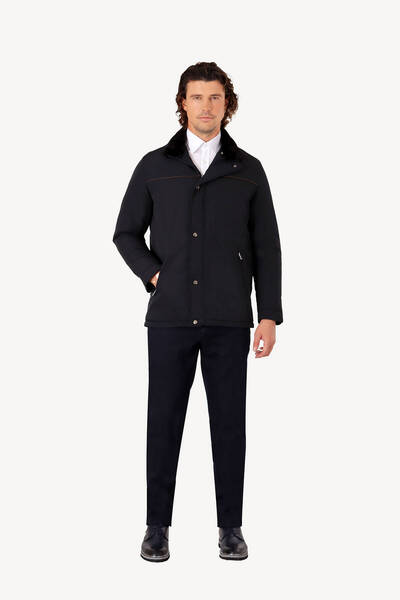 Ysf Erkek Lacivert Regular Fit Yakası Kürklü Kaban