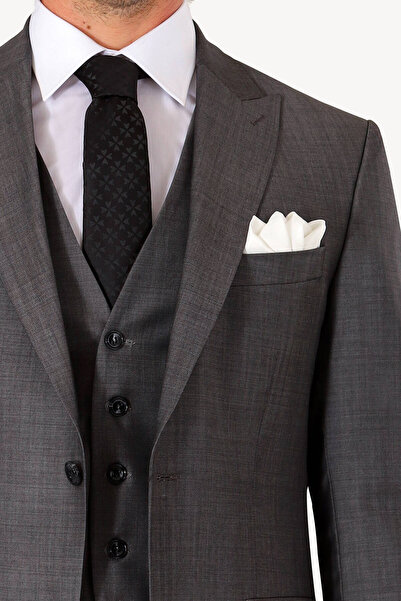 Ysf Erkek Gri Slim Fit Çift Yırtmaç Yelekli Takım Elbise