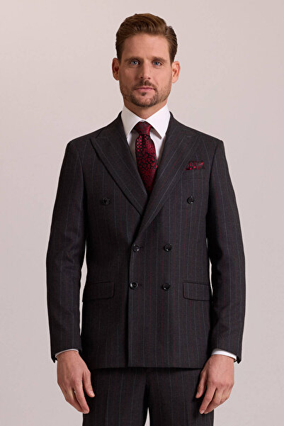 Ysf Erkek Füme Regular Fit Kruvaze Yün Takım Elbise