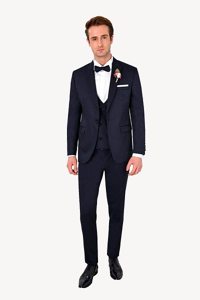 Ysf Men's Navy Blue Swallow Collar Slim Fit Patterned Groom Suit